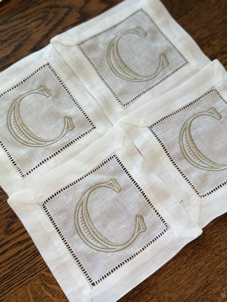 Set of 4 Monogrammed Linen Cocktail Napkins