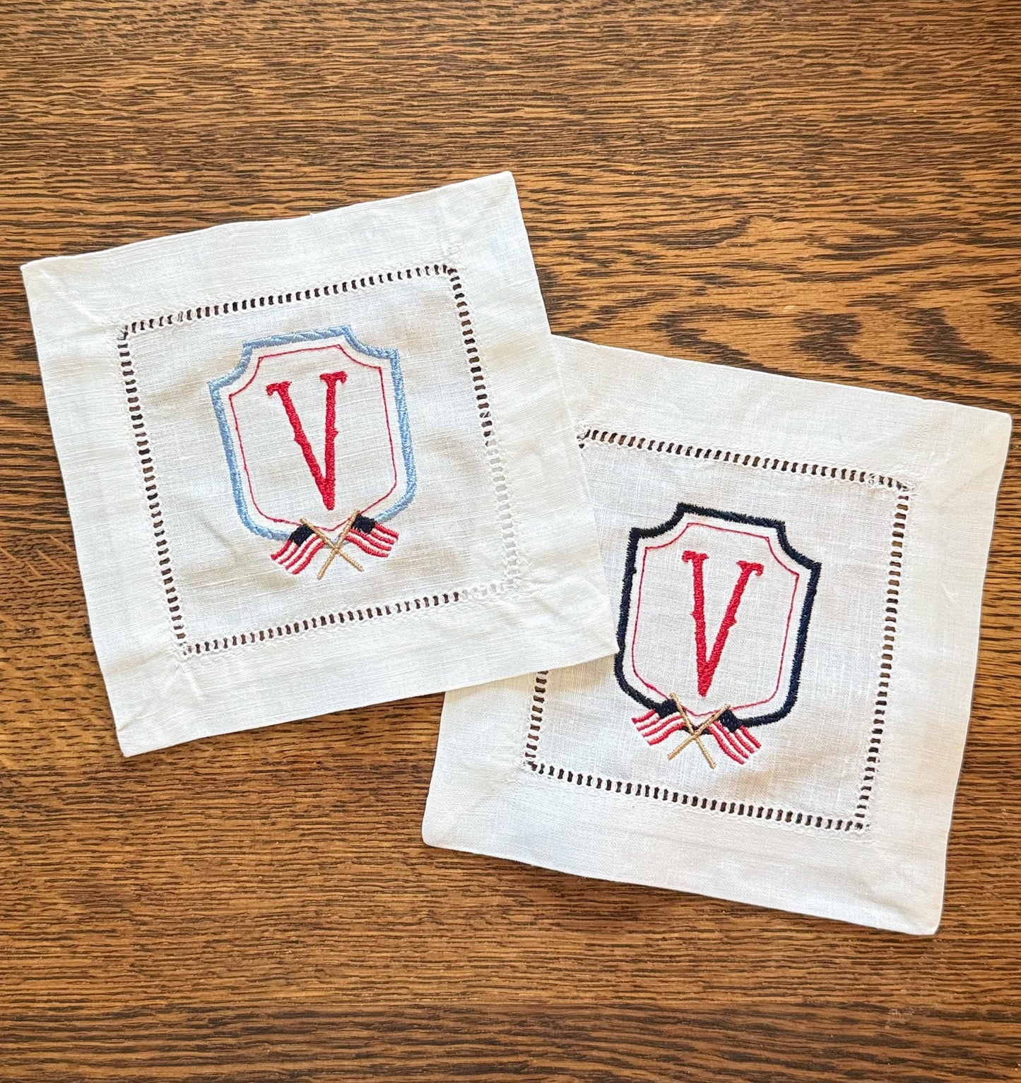 Set of 4 Monogrammed Patriotic Crest Cocktail Napkins