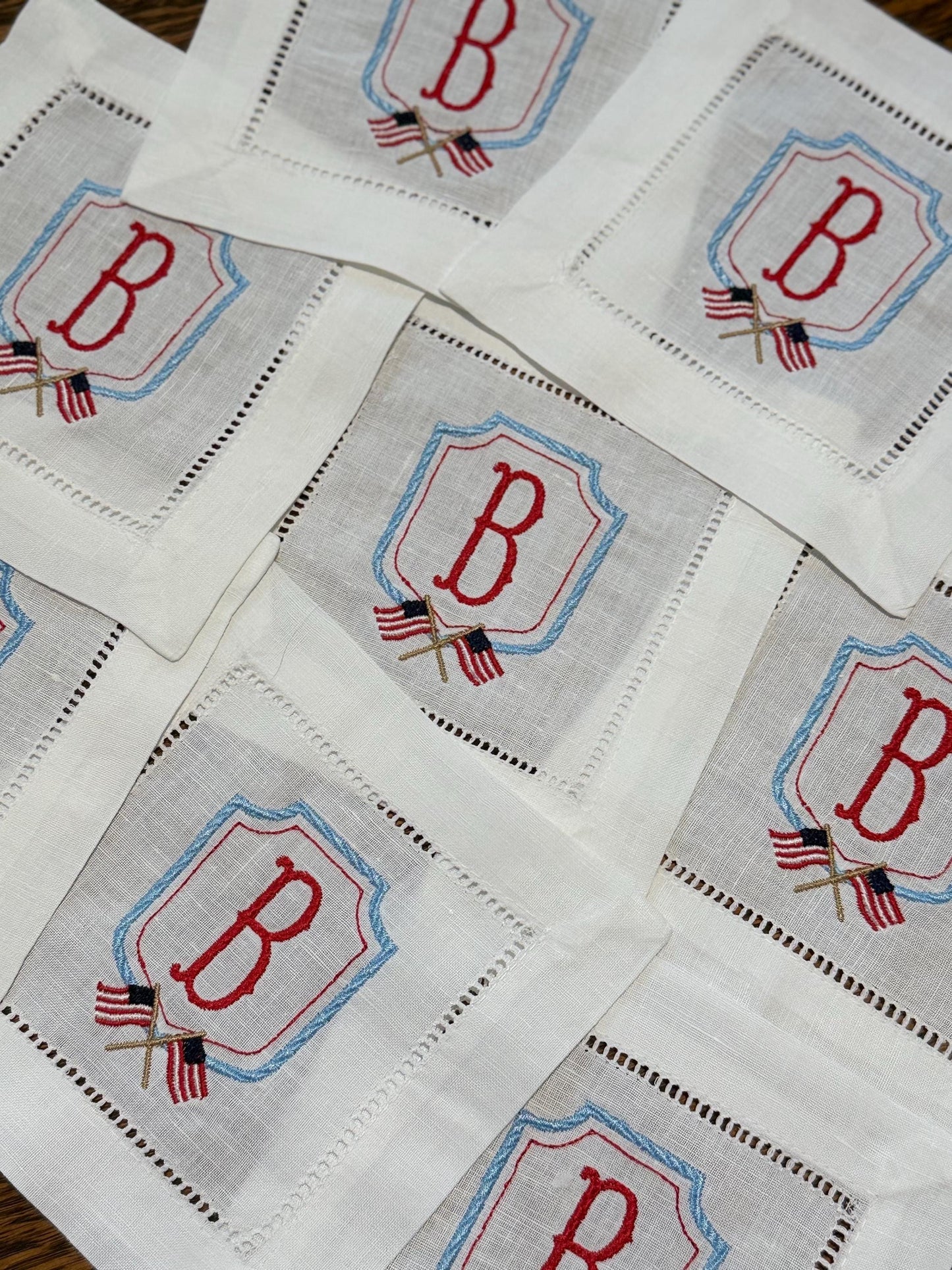 Set of 4 Monogrammed Patriotic Crest Cocktail Napkins