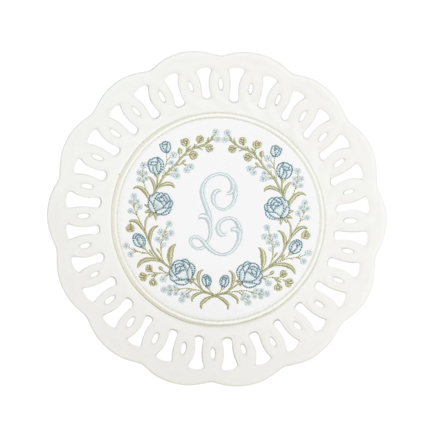 Personalized rose plated medallion with custom embroidery from Saul Stitch House
