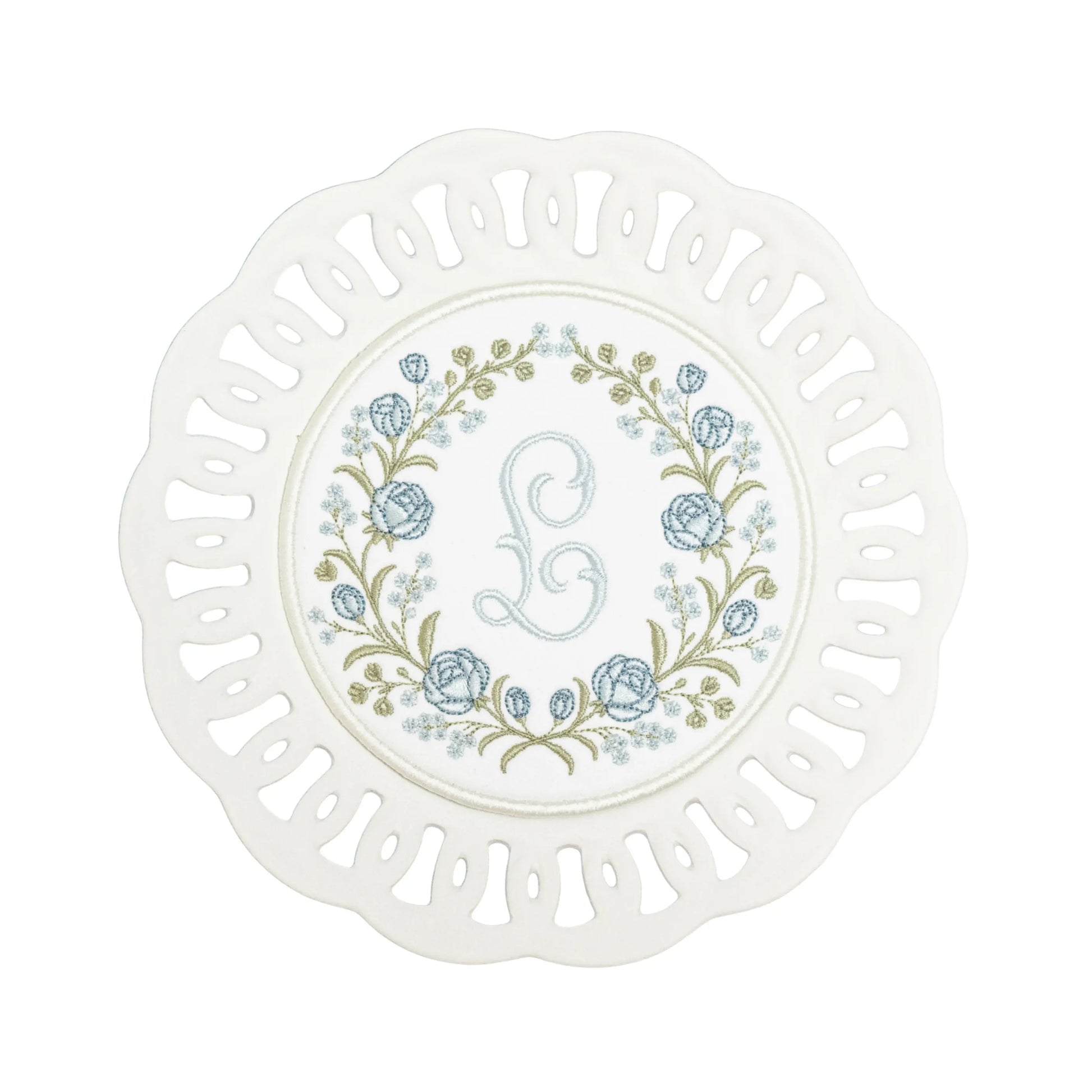 Personalized rose plated medallion with custom embroidery from Saul Stitch House