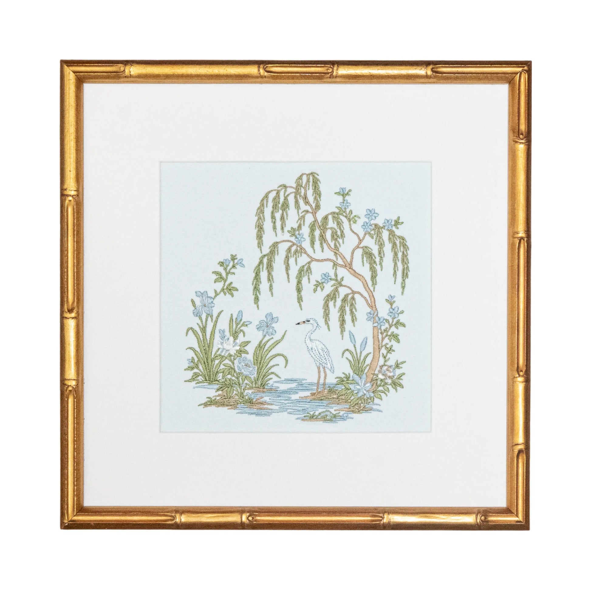 Blue Chinoiserie Garden Willow Study with embroidered artwork for a nursery, bedroom, shelf, or gallery