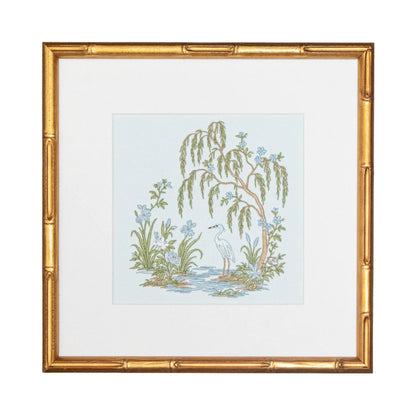 Blue Chinoiserie Garden Pair with embroidered artwork for a nursery, bedroom, shelf, or gallery wall; embroidery detail