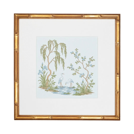 Blue Chinoiserie Garden Heron Study with embroidered artwork for a nursery, bedroom, shelf, or gallery