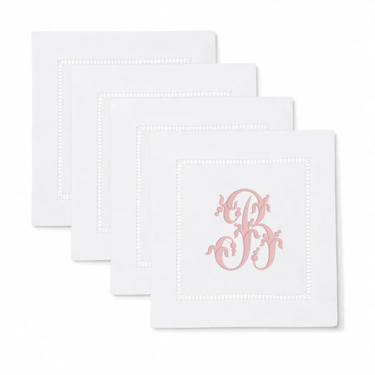 Set of berry monogram cocktail napkins with personalized embroidery for entertaining