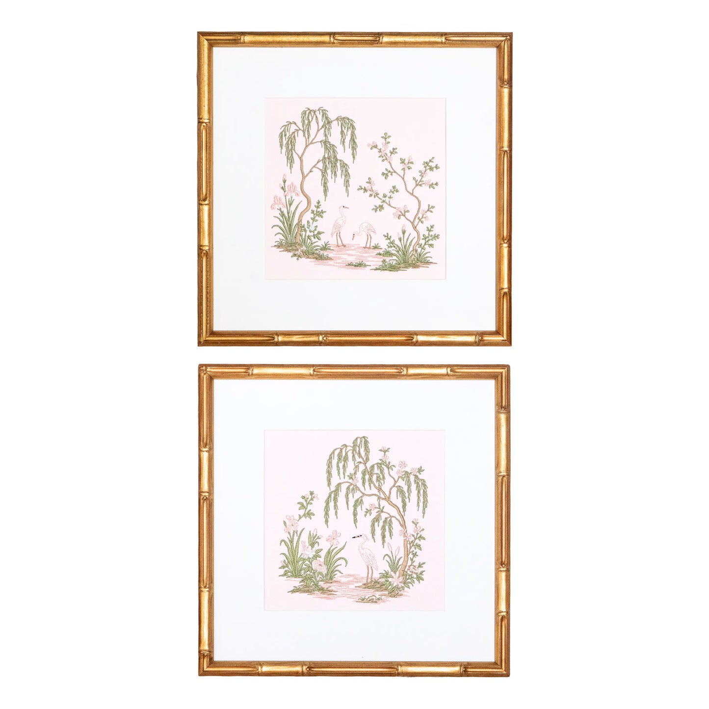 Pink Chinoiserie Garden Pair with embroidered artwork for a nursery, bedroom, shelf, or gallery wall
