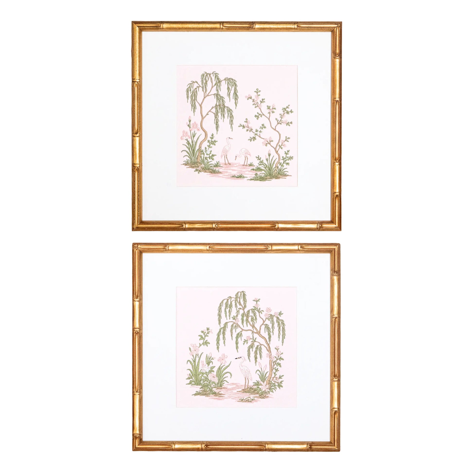 Pink Chinoiserie Garden Pair with embroidered artwork for a nursery, bedroom, shelf, or gallery wall