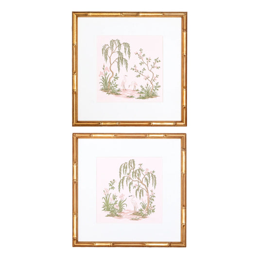 Pink Chinoiserie Garden Pair with embroidered artwork for a nursery, bedroom, shelf, or gallery wall