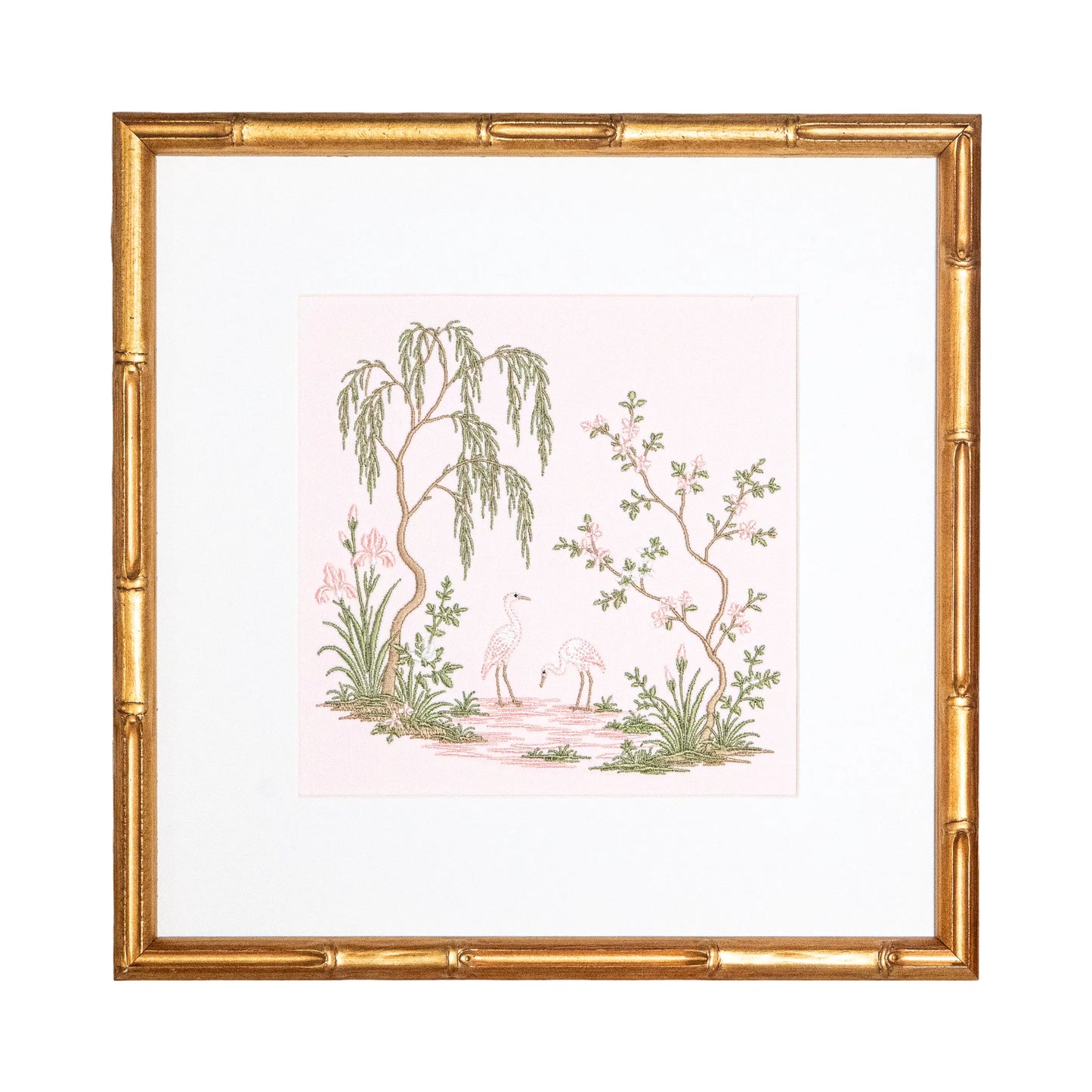 Pink Chinoiserie Garden Pair with embroidered artwork for a nursery, bedroom, shelf, or gallery wall; styled view
