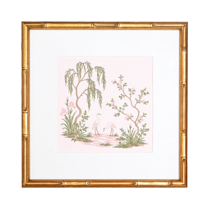 Pink Chinoiserie Garden Pair with embroidered artwork for a nursery, bedroom, shelf, or gallery wall; styled view