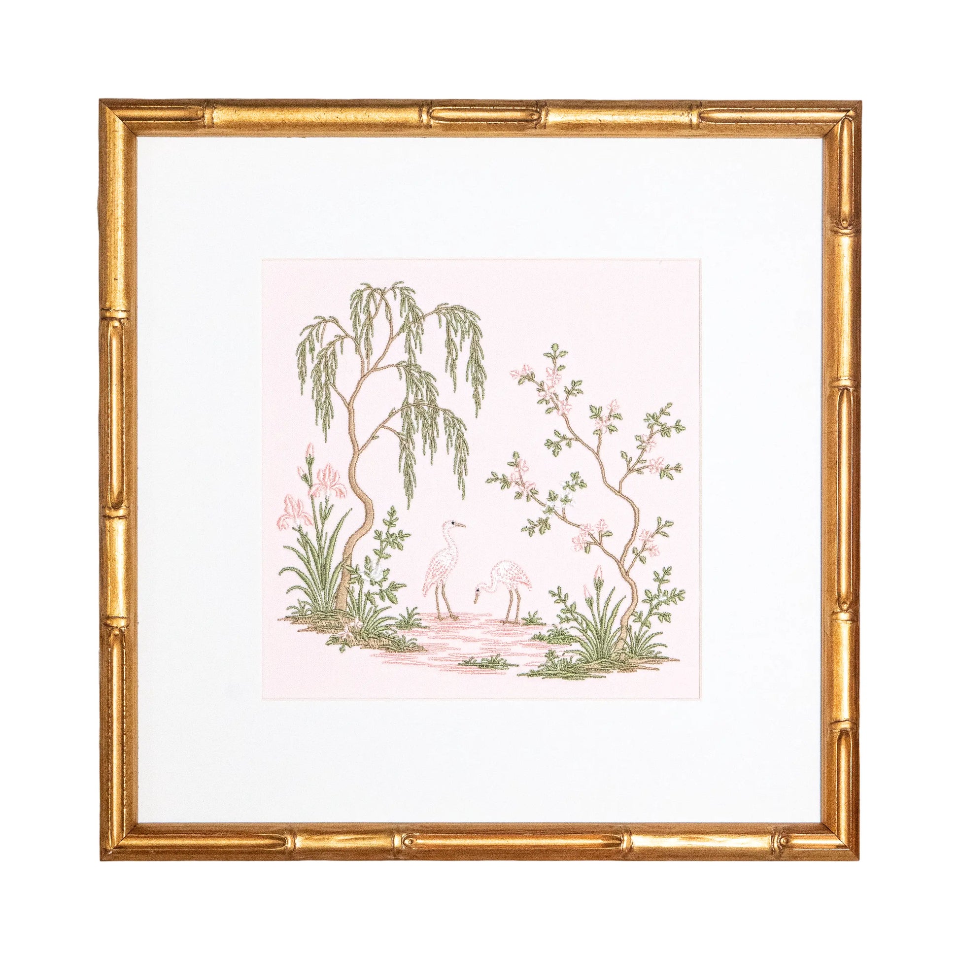 Pink Chinoiserie Garden Heron Study with embroidered artwork for a nursery, bedroom, shelf, or gallery