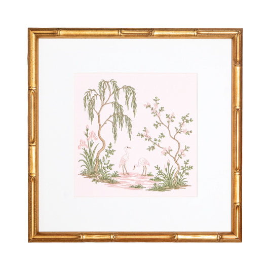 Pink Chinoiserie Garden Heron Study with embroidered artwork for a nursery, bedroom, shelf, or gallery