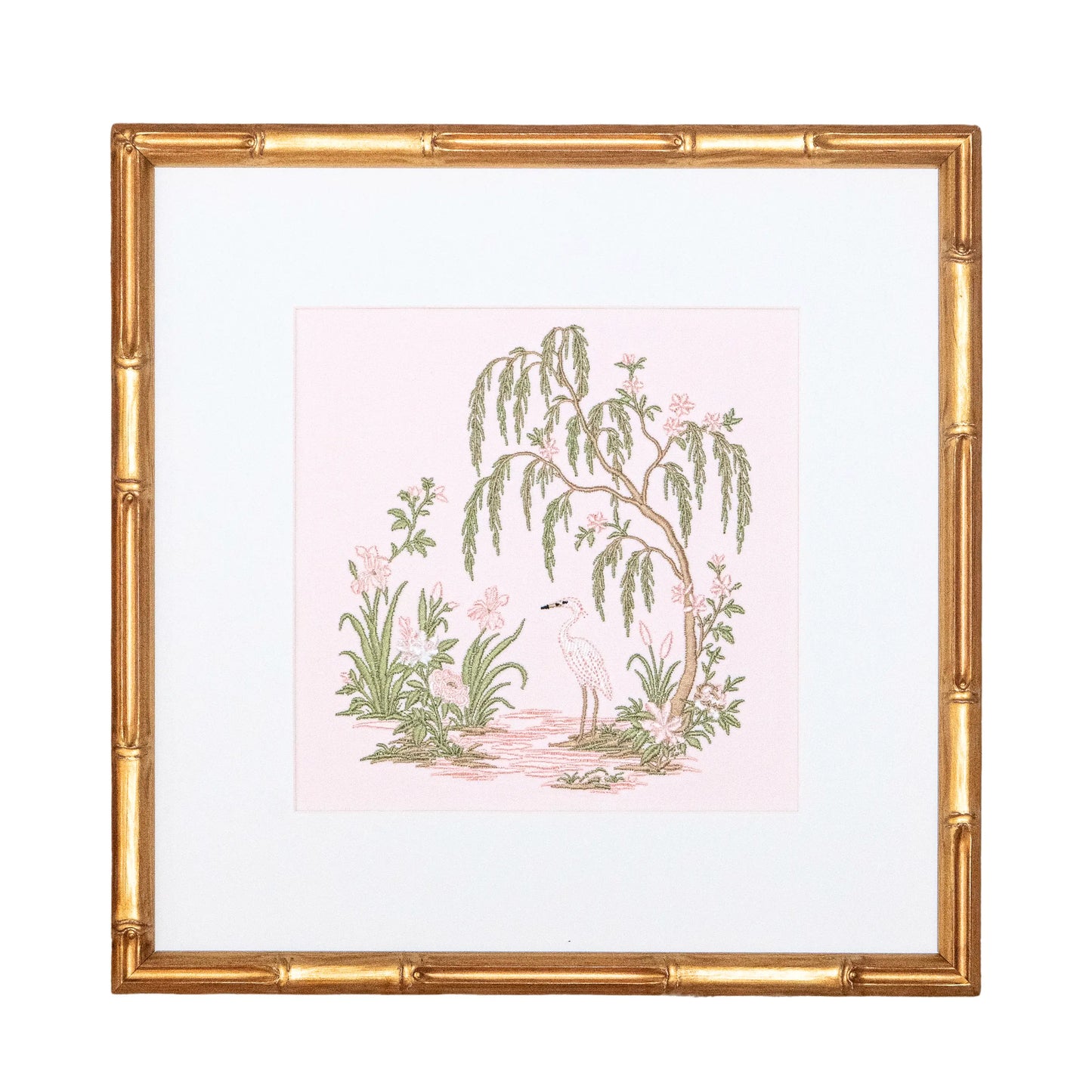 Pink Chinoiserie Garden Willow Study with embroidered artwork for a nursery, bedroom, shelf, or gallery