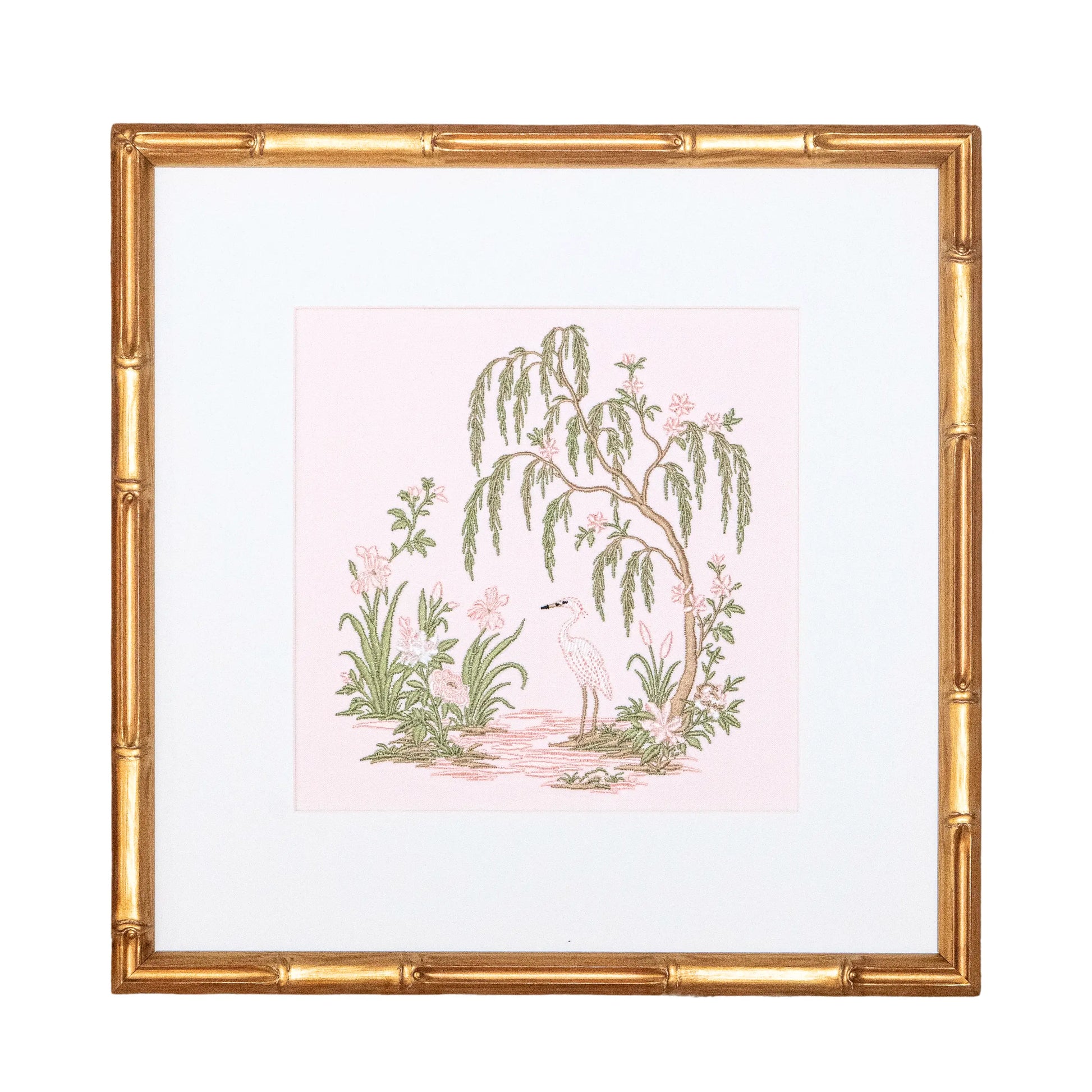 Pink Chinoiserie Garden Willow Study with embroidered artwork for a nursery, bedroom, shelf, or gallery