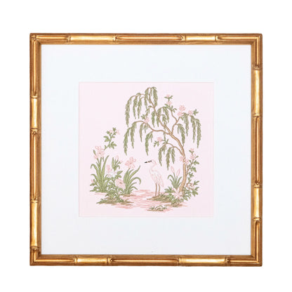 Pink Chinoiserie Garden Willow Study with embroidered artwork for a nursery, bedroom, shelf, or gallery