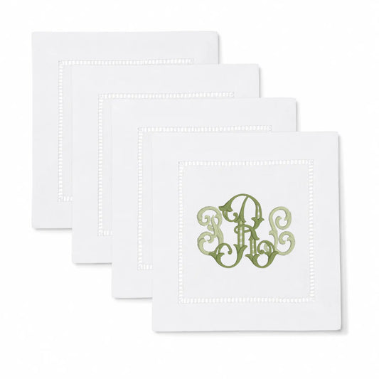 Set of scroll monogram cocktail napkins with personalized embroidery for entertaining