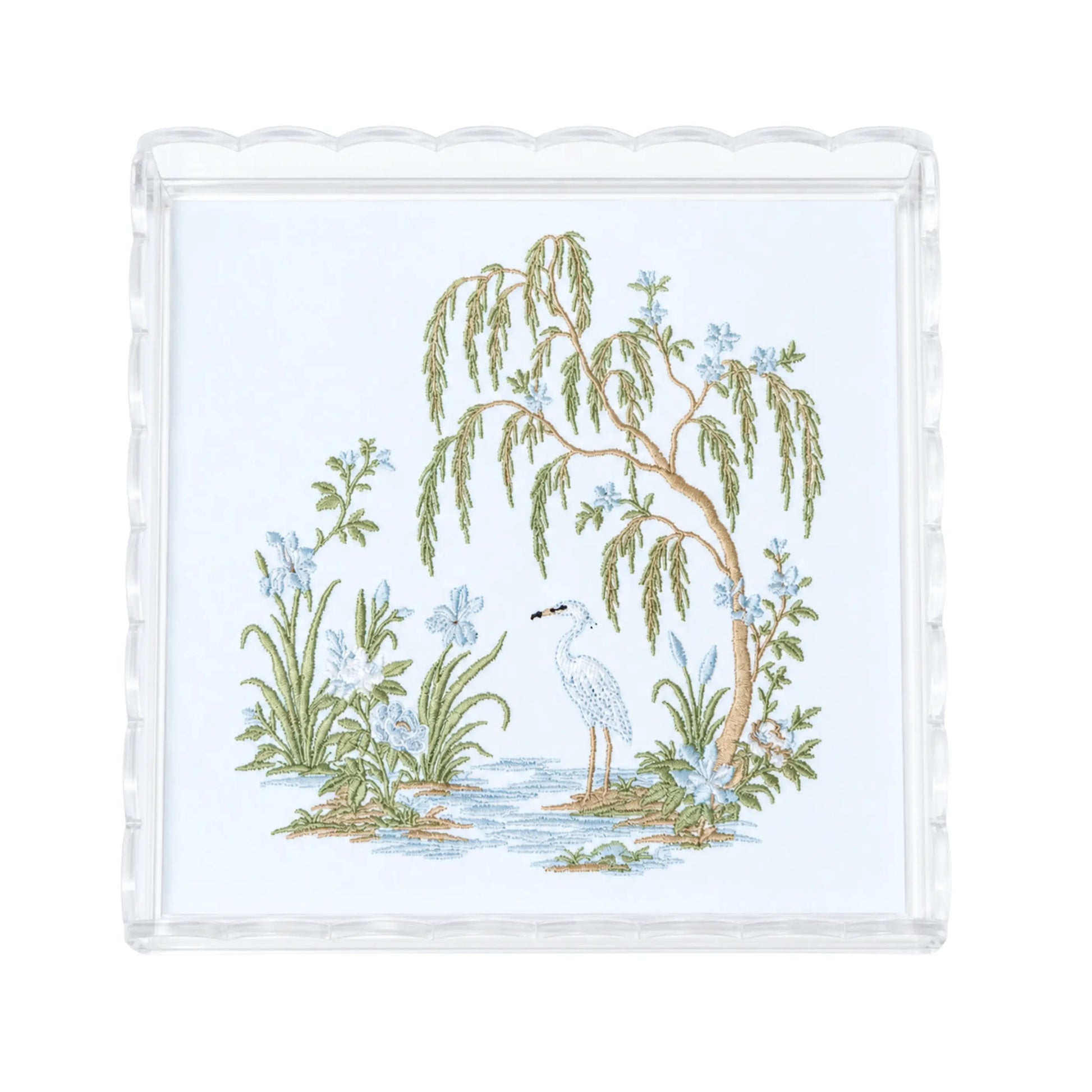 Decorative small blue chinoiserie garden acrylic tray with embroidered design for a dresser, vanity, table