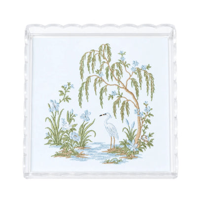 Decorative small blue chinoiserie garden acrylic tray with embroidered design for a dresser, vanity, table