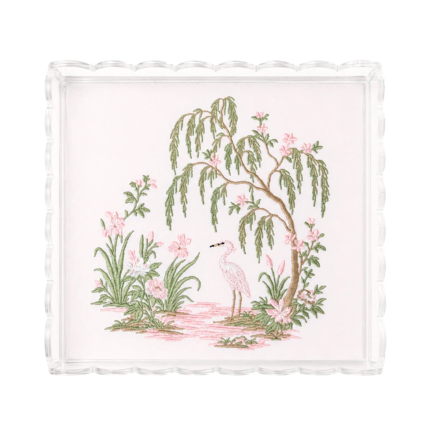 Decorative small pink chinoiserie garden acrylic tray with embroidered design for a dresser, vanity, table