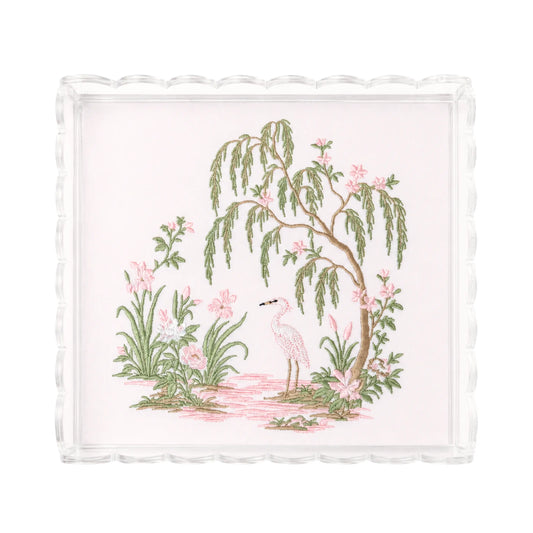 Decorative small pink chinoiserie garden acrylic tray with embroidered design for a dresser, vanity, table