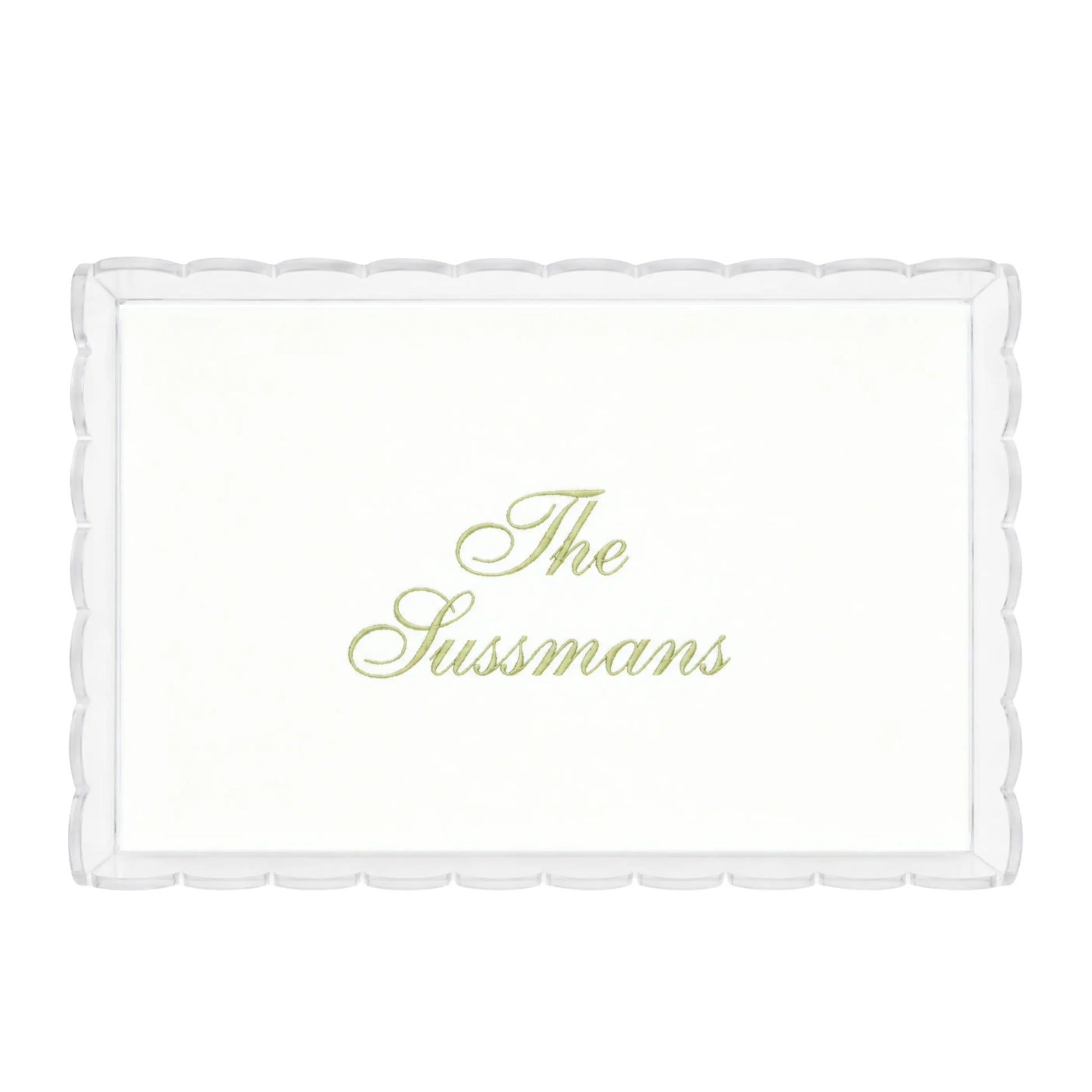 Decorative script name acrylic tray with embroidered design for a dresser, vanity, table, or nursery
