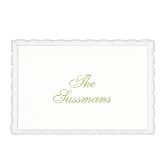 Decorative script name acrylic tray with embroidered design for a dresser, vanity, table, or nursery