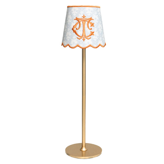 Custom fabric lampshade with personalized embroidered monogram for a cordless rechargeable lamp