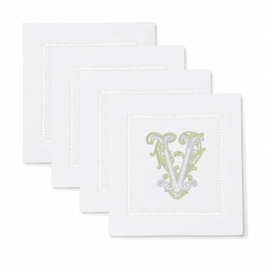 Set of vine monogram cocktail napkins with personalized embroidery for entertaining