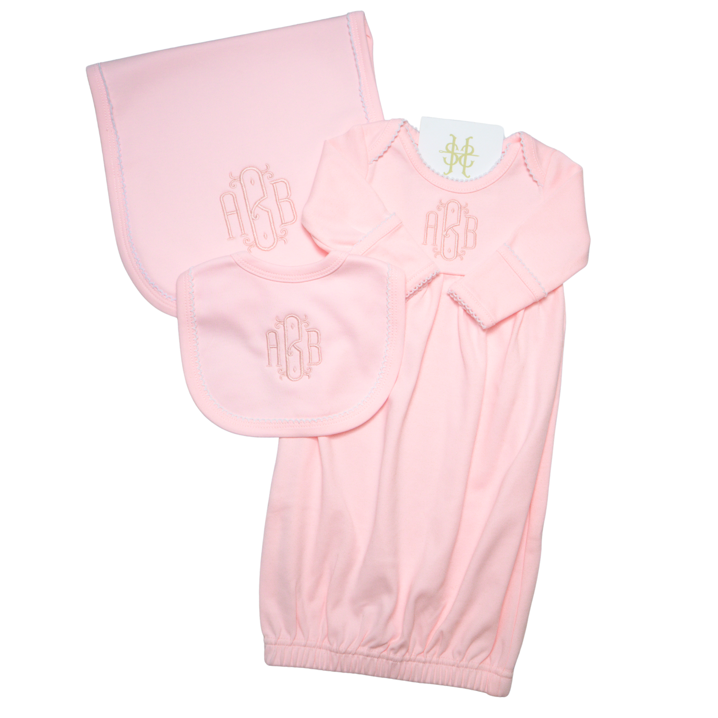 PICOT TRIM GOWN, BIB, AND BURP CLOTH BUNDLE