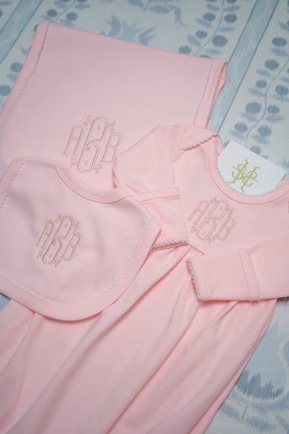 PICOT TRIM GOWN, BIB, AND BURP CLOTH BUNDLE