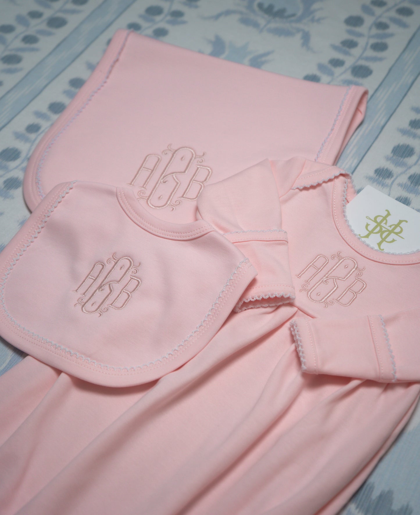 PICOT TRIM GOWN, BIB, AND BURP CLOTH BUNDLE