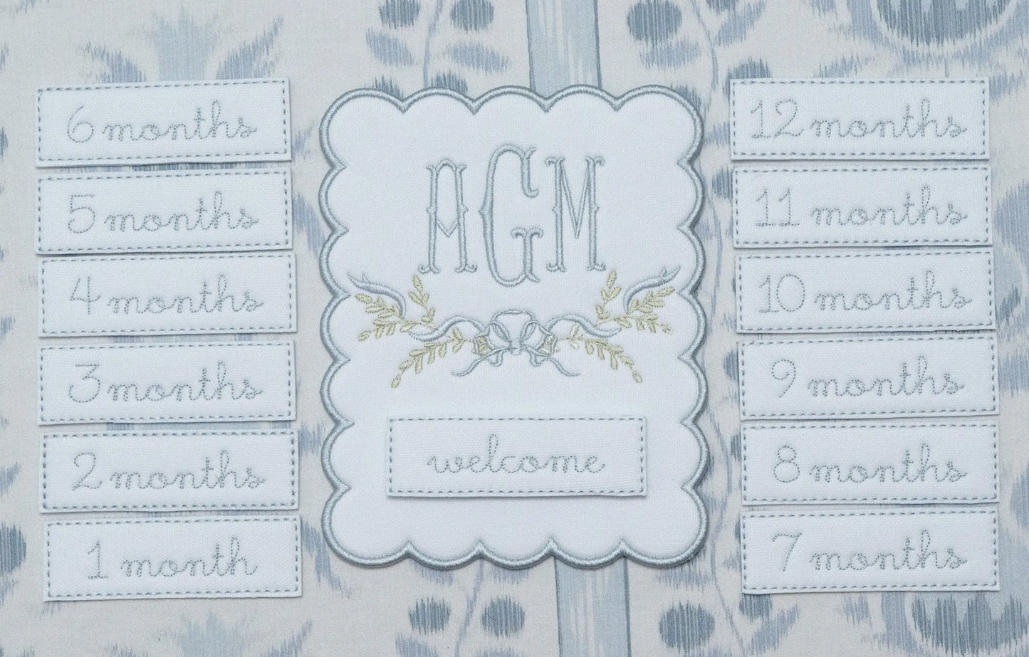 Personalized bennett monthly milestone plaque with embroidered monogram for baby milestone photos; styled view