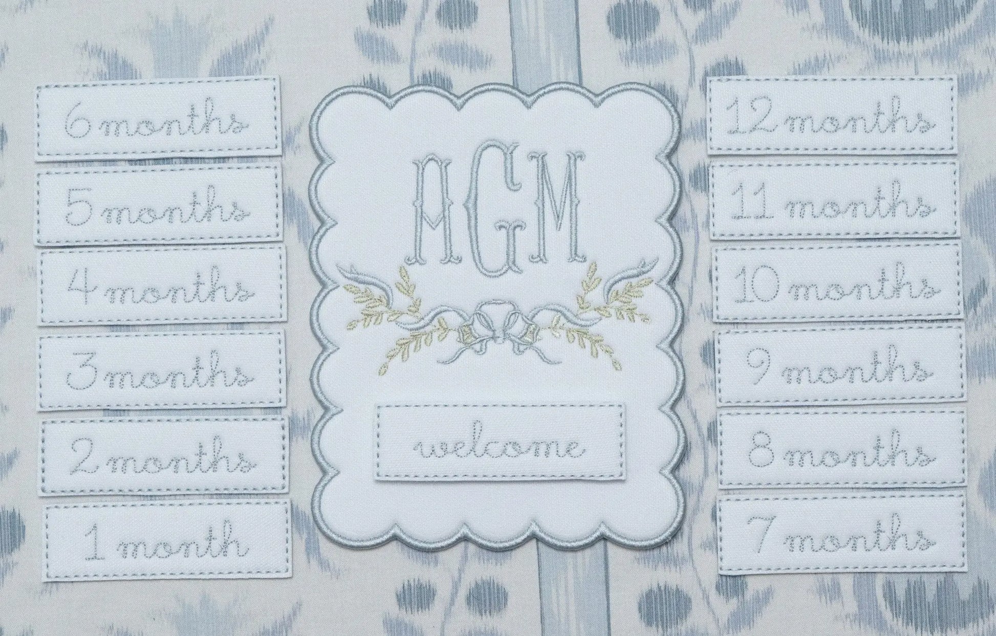 Personalized bennett monthly milestone plaque with embroidered monogram for baby milestone photos; styled view