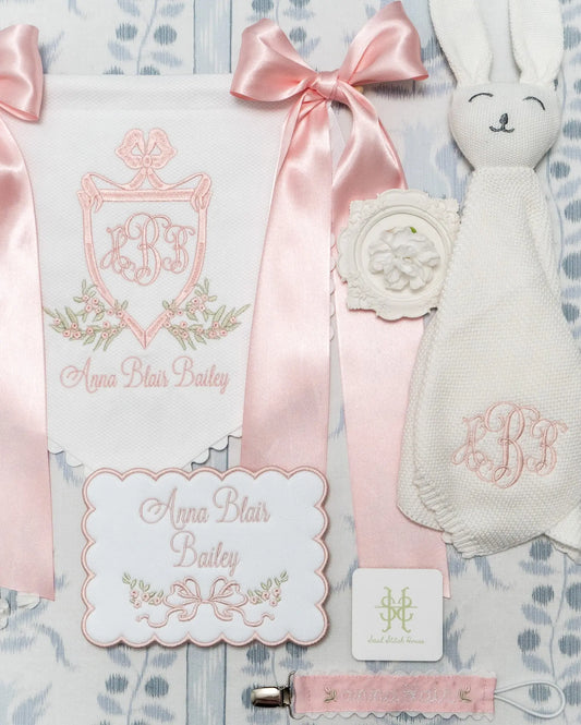 Personalized annabelle name plaque with embroidery for hospital photos and nursery display; styled view