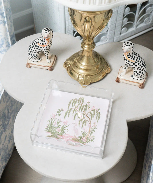 Decorative small pink chinoiserie garden acrylic tray with embroidered design for a dresser, vanity, table; styled view