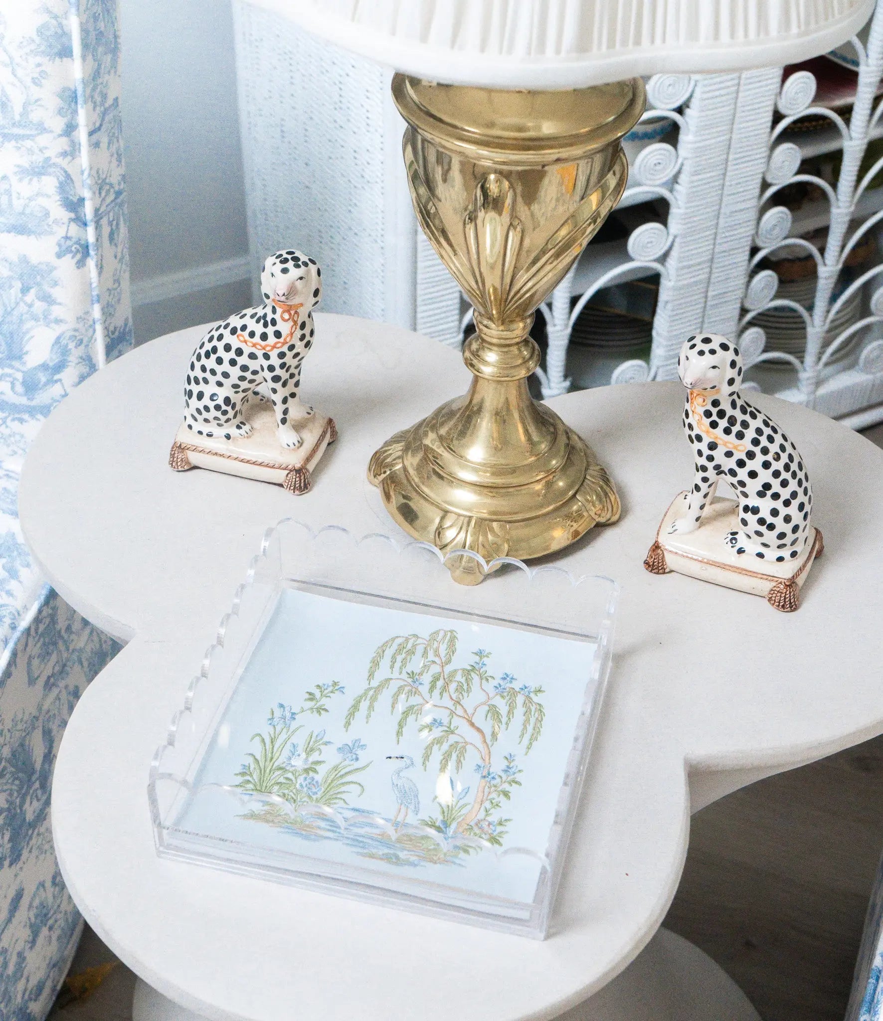 Decorative small blue chinoiserie garden acrylic tray with embroidered design for a dresser, vanity, table; styled view