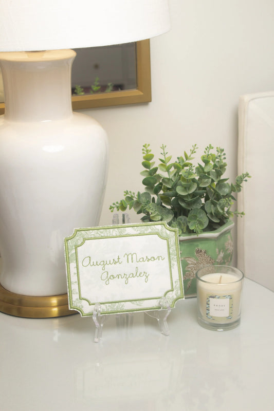 Personalized toile bassinet name display plaque with embroidery for hospital photos and nursery display; styled view