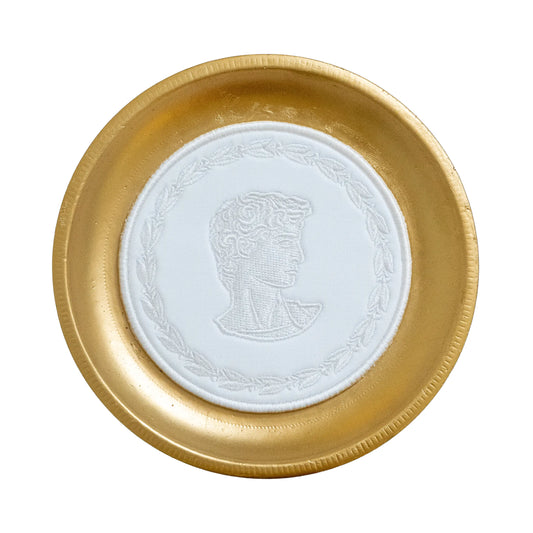 Decorative laural plated intaglio study with embroidered design for a wall, shelf, or collected display