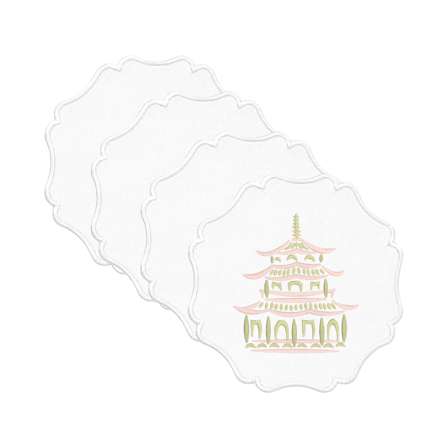 Pink and green embroidered pagoda cocktail napkins with scalloped edges