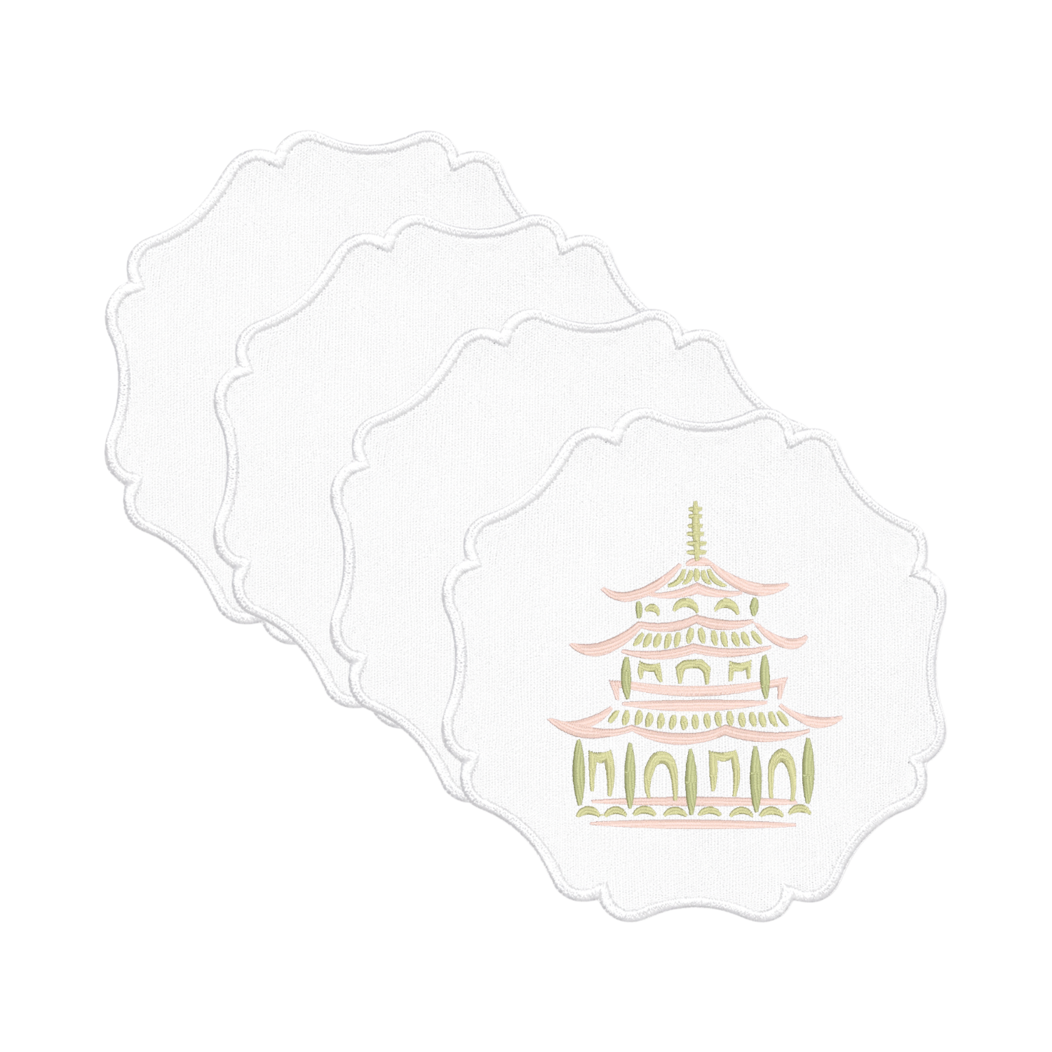 Pink and green embroidered pagoda cocktail napkins with scalloped edges