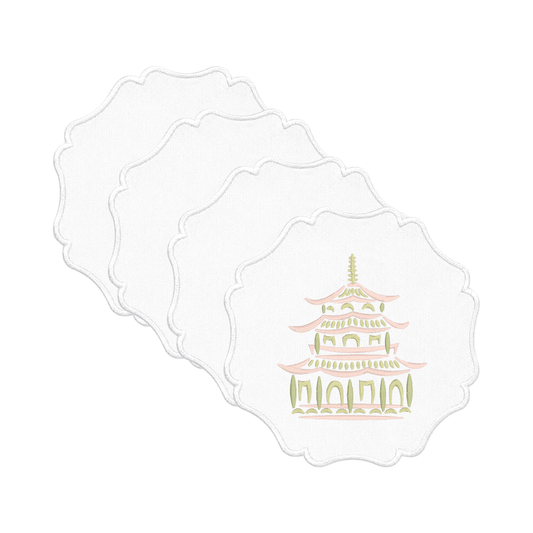 Pink and green embroidered pagoda cocktail napkins with scalloped edges