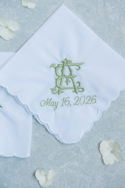 Personalized wedding handkerchief with embroidered monogram and wedding date; styled view