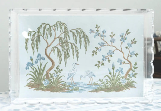 Decorative small chinoiserie garden acrylic tray with embroidered design for a dresser, vanity,; styled view