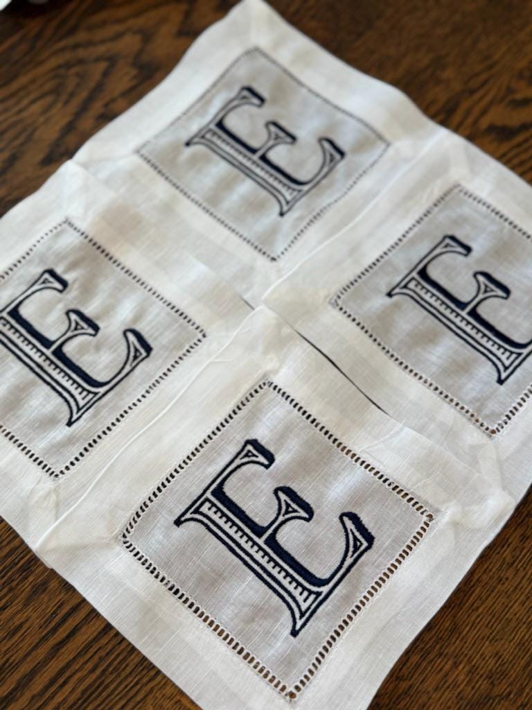Set of 4 Monogrammed Linen Cocktail Napkins