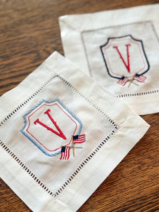 Set of 4 Monogrammed Patriotic Crest Cocktail Napkins
