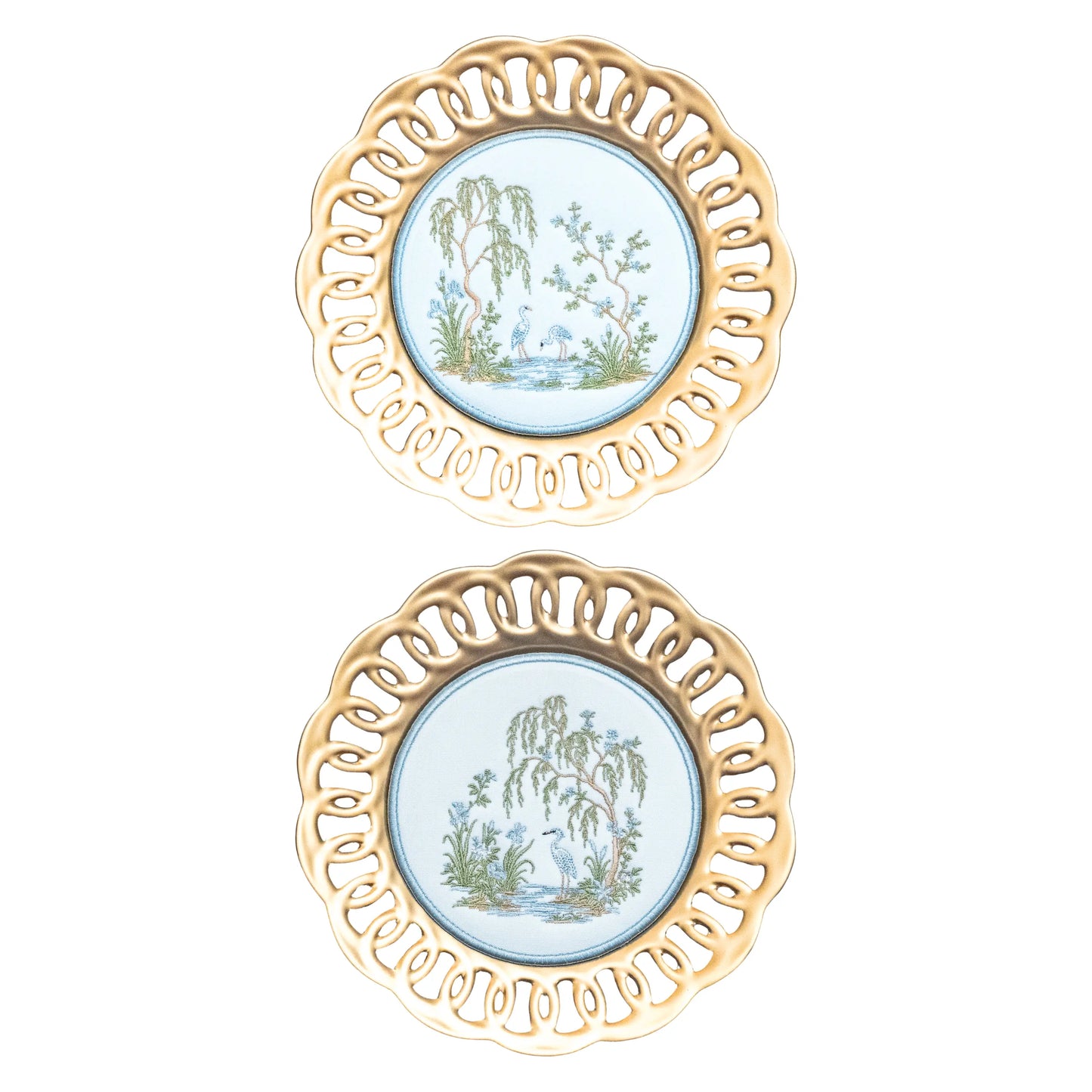 Blue chinoiserie garden plated medallion set with embroidered heron scenes for a wall, shelf, or collected display