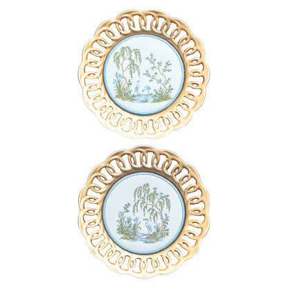 Blue chinoiserie garden plated medallion set with embroidered heron scenes for a wall, shelf, or collected display