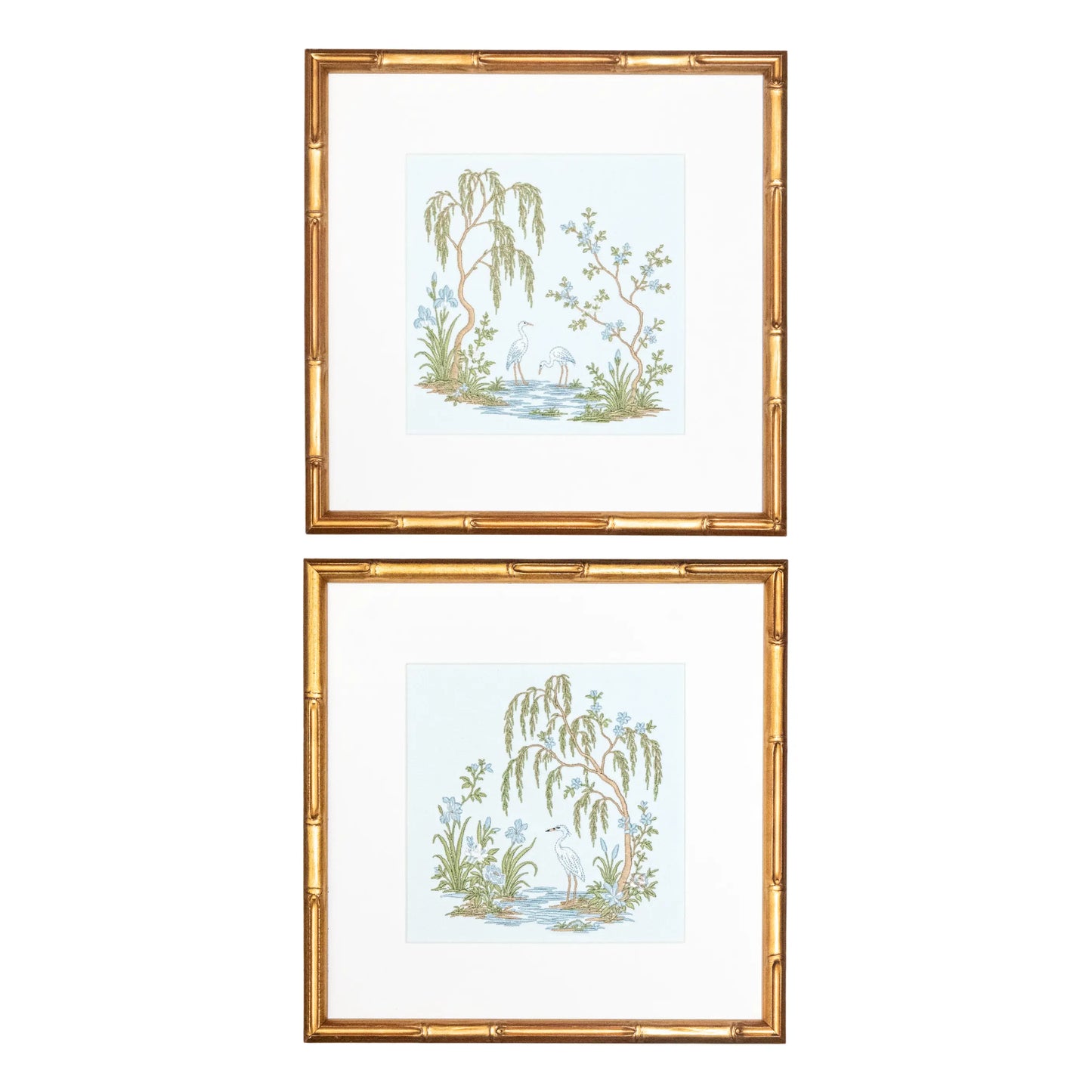 Blue Chinoiserie Garden Pair with embroidered artwork for a nursery, bedroom, shelf, or gallery wall