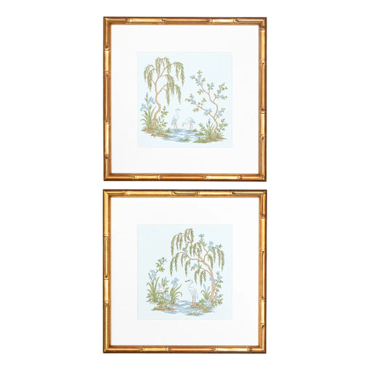 Blue Chinoiserie Garden Pair with embroidered artwork for a nursery, bedroom, shelf, or gallery wall
