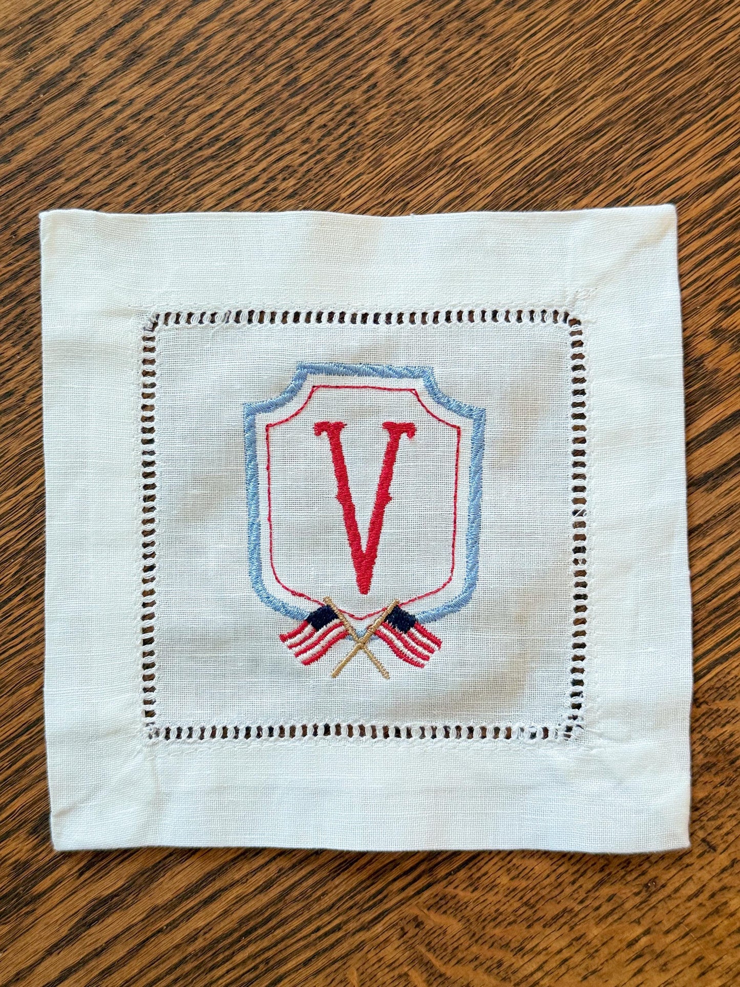 Set of 4 Monogrammed Patriotic Crest Cocktail Napkins